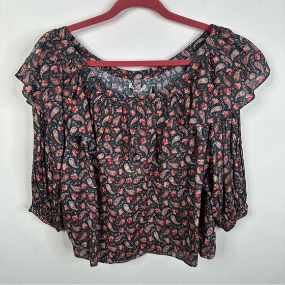 Doen Cielito Ruffle Top in Teal Size M Canterbury Paisley Print Cottagecore NEW - Picture 2 of 11